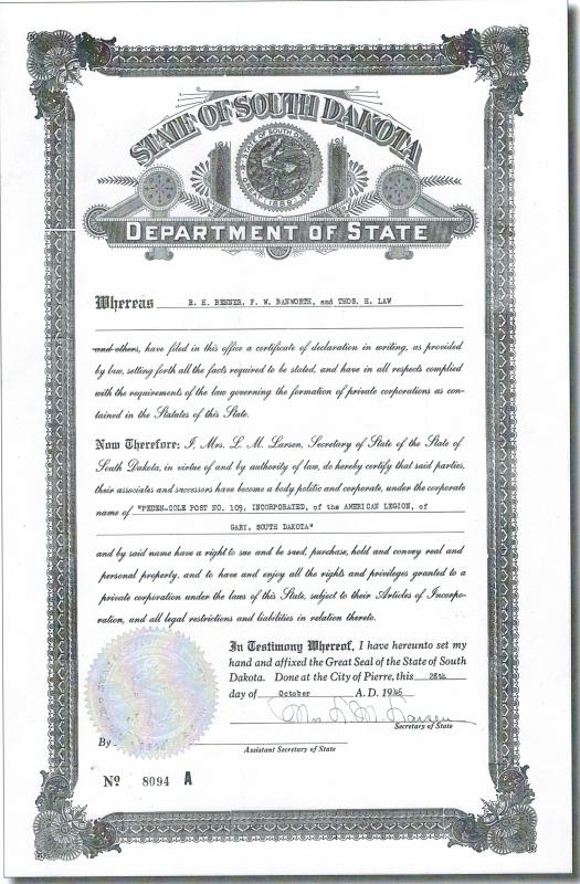 American Legion Post 109, Gary, SD The American Legion Centennial